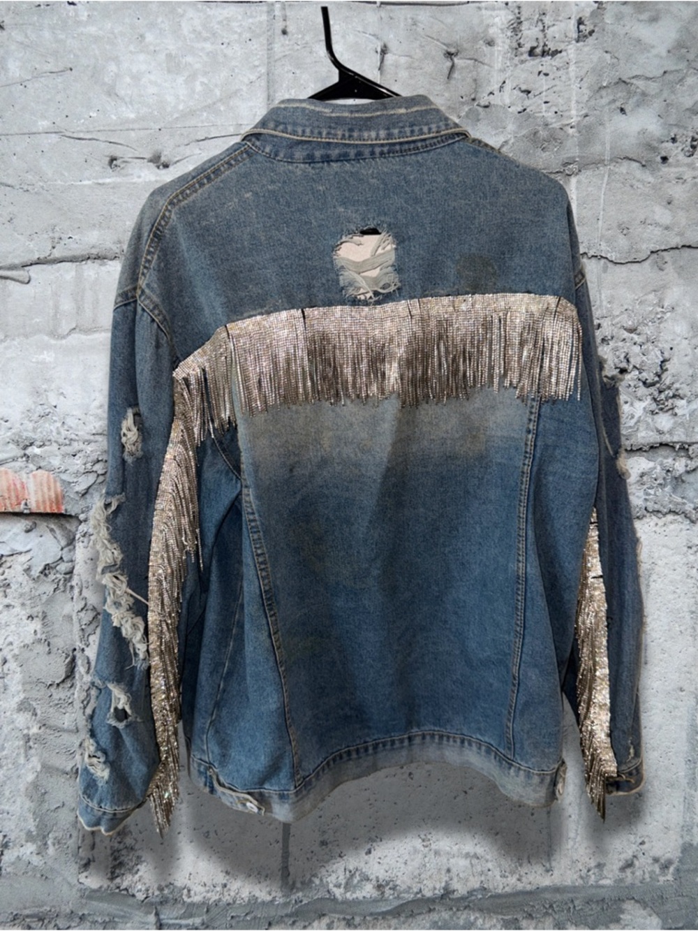 Distressed Denim Jacket With Rhinestone Fringe - Picture 3 of 5